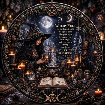 Dark Witch ceramic ornament with a witch, black cat, cauldron, candles, and Yule blessings.