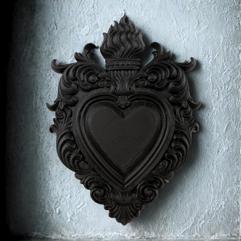 Large flaming sacred heart gothic wall decor – hung on dark gothic stone wall, atmospheric witchy home decor