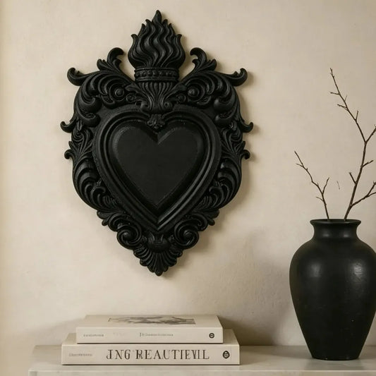 Large flaming sacred heart gothic wall decor – bold matte black carved relief witchy home statement piece