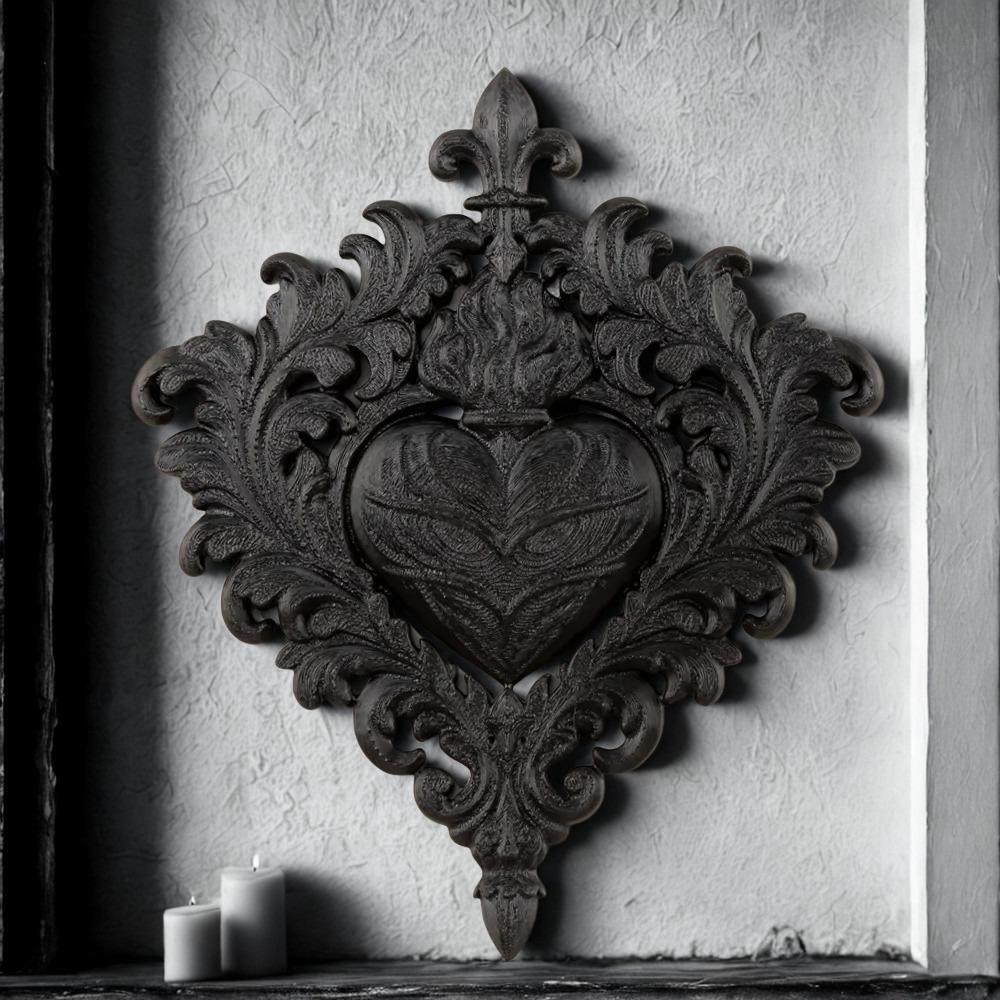 Flaming sacred heart gothic wall decor small – displayed on dark gothic stone wall, moody witchy home staging