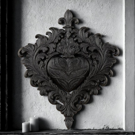 Flaming sacred heart gothic wall decor small – displayed on dark gothic stone wall, moody witchy home staging