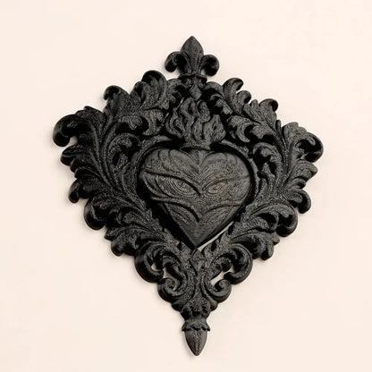 Gothic flaming heart small wall hanging black matte – dark romantic witchy Victorian home art