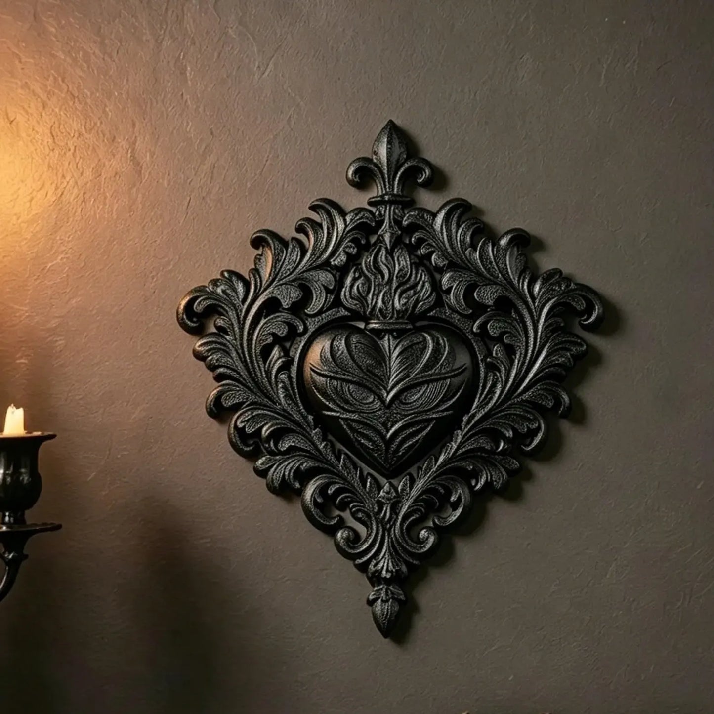 Flaming sacred heart gothic wall decor small – matte black 3D carved relief for witchy gothic home