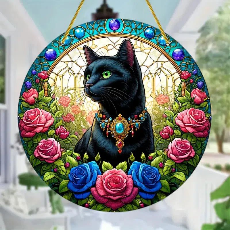 Floral Black Cat Suncatcher Witchy Acrylic Sign-MoonChildWorld