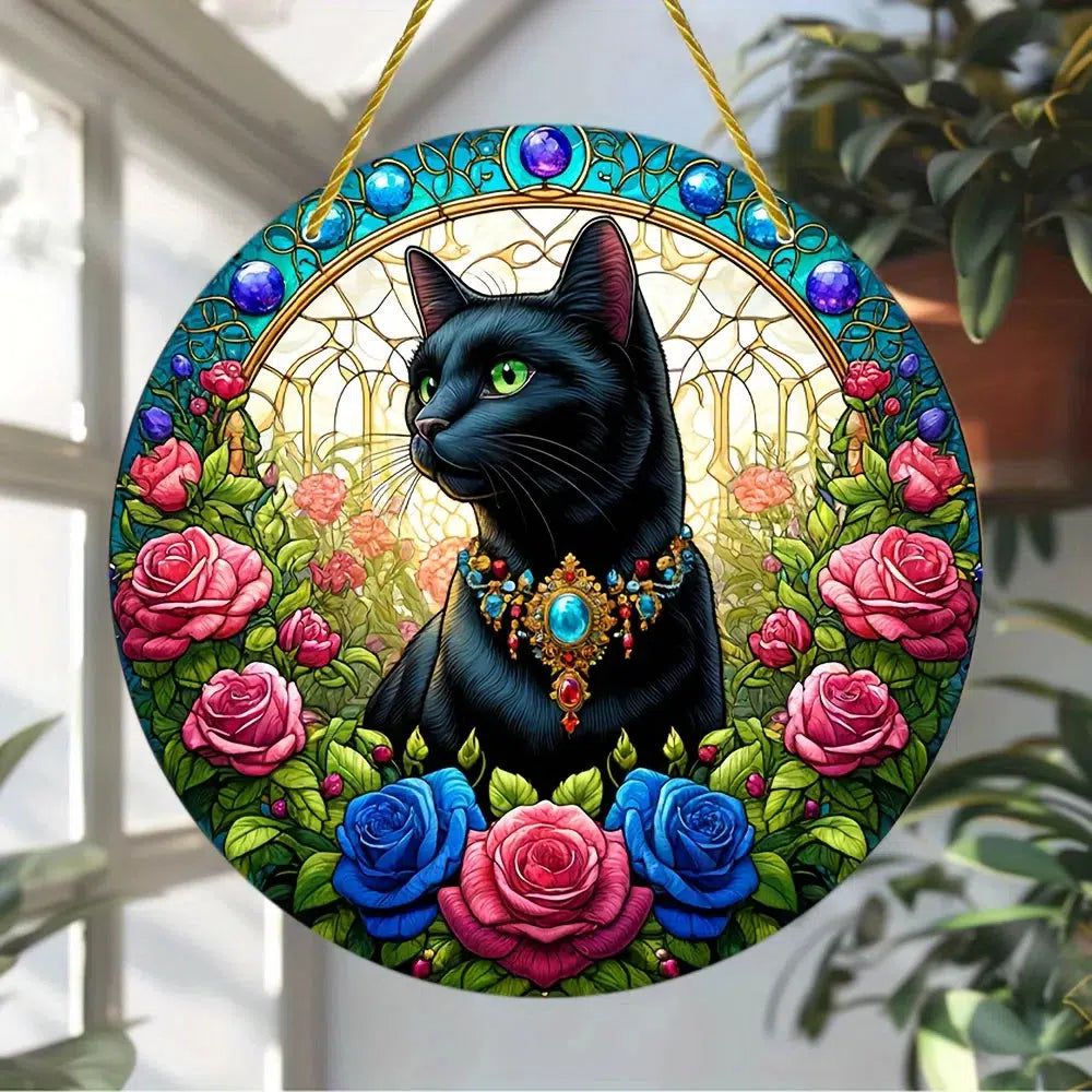Floral Black Cat Suncatcher Witchy Acrylic Sign-MoonChildWorld