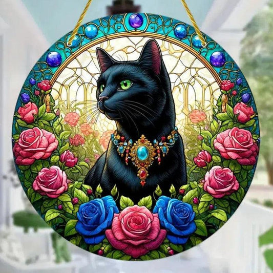 Floral Black Cat Suncatcher Witchy Acrylic Sign-MoonChildWorld