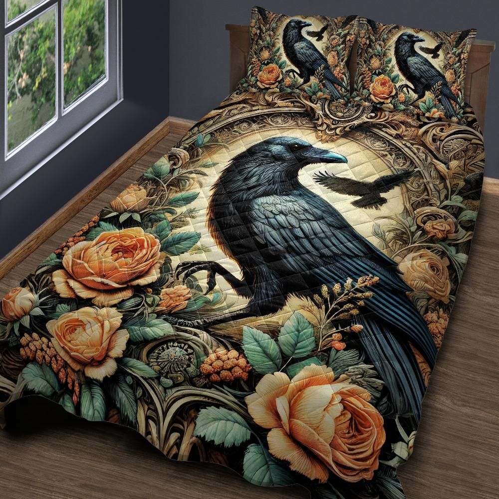 Floral Black Raven Gothic Crow Quilt Bedding Set-MoonChildWorld