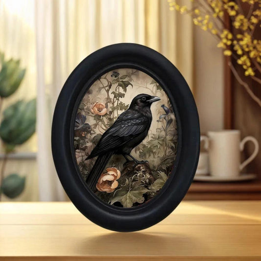 Floral Crow Retro Gothic Wall Art - Black Raven Wooden Oval Frame Halloween Wall Decoration-MoonChildWorld