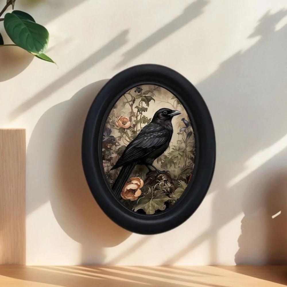 Floral Crow Retro Gothic Wall Art - Black Raven Wooden Oval Frame Halloween Wall Decoration-MoonChildWorld