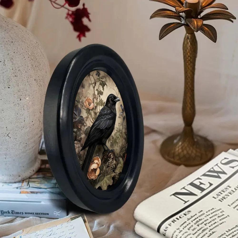 Floral Crow Retro Gothic Wall Art - Black Raven Wooden Oval Frame Halloween Wall Decoration-MoonChildWorld