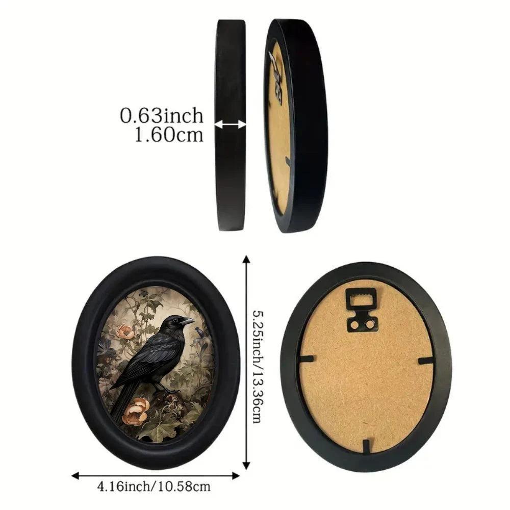 Floral Crow Retro Gothic Wall Art - Black Raven Wooden Oval Frame Halloween Wall Decoration-MoonChildWorld