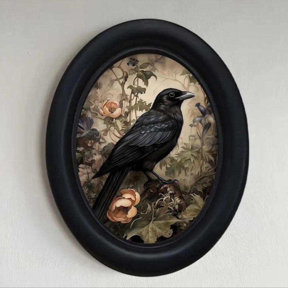 Floral Crow Retro Gothic Wall Art - Black Raven Wooden Oval Frame Halloween Wall Decoration-MoonChildWorld