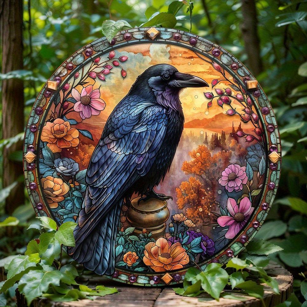 Floral Dark Crow Metal Sign Witchy Raven Gothic Decor-MoonChildWorld