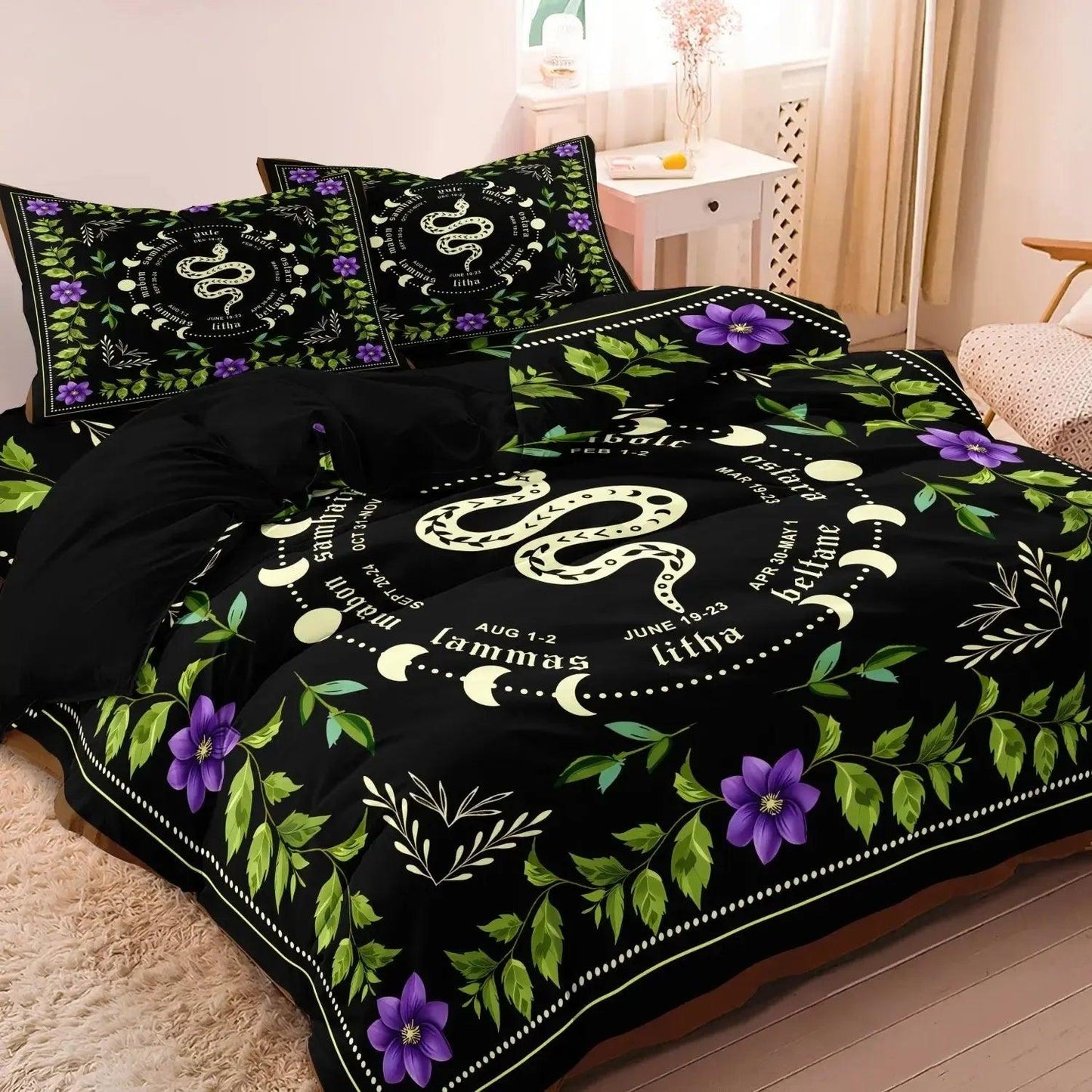 Floral Moon Phase & Snake Gothic Duvet Cover Set Witchy Bedding Set Wiccan Home Decor-MoonChildWorld