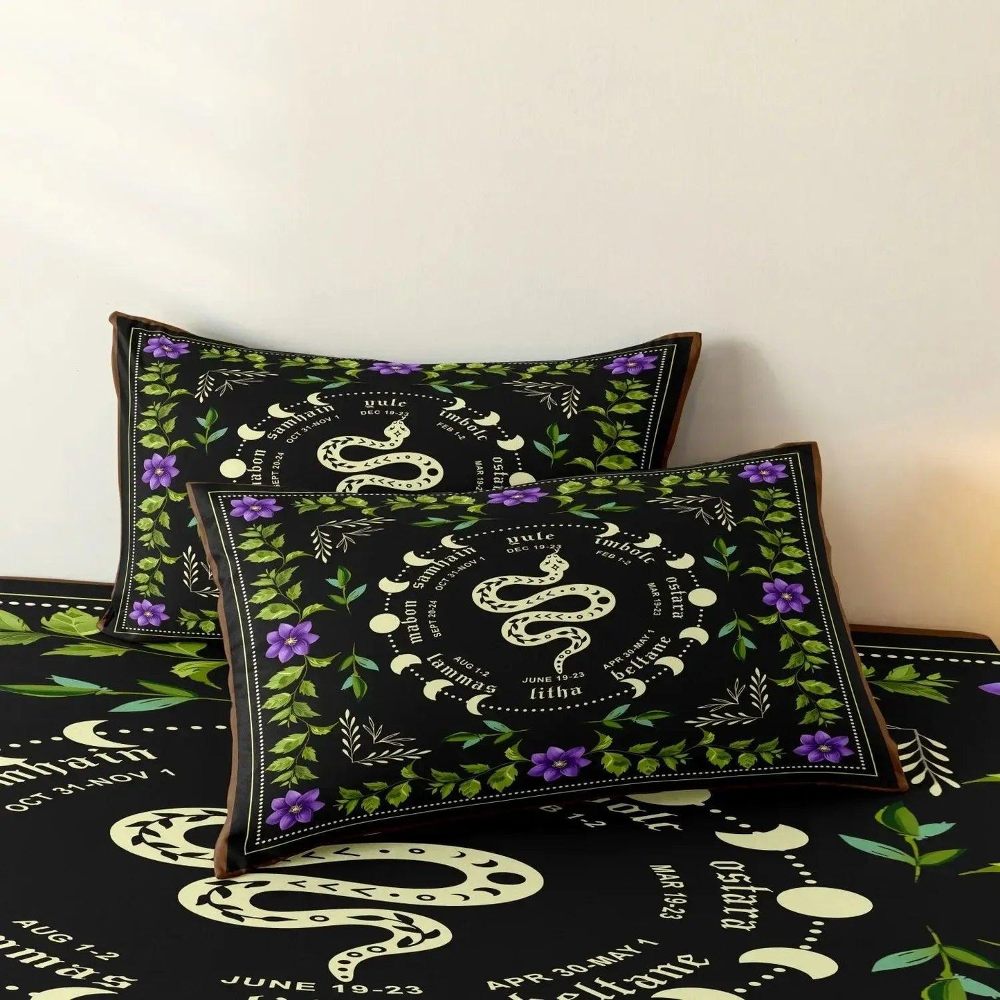 Floral Moon Phase & Snake Gothic Duvet Cover Set Witchy Bedding Set Wiccan Home Decor-MoonChildWorld