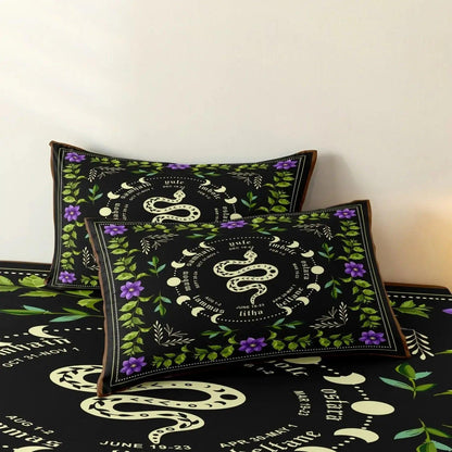 Floral Moon Phase & Snake Gothic Duvet Cover Set Witchy Bedding Set Wiccan Home Decor-MoonChildWorld