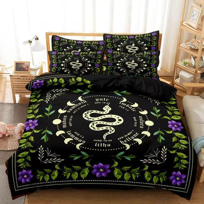 Floral Moon Phase & Snake Gothic Duvet Cover Set Witchy Bedding Set Wiccan Home Decor-MoonChildWorld