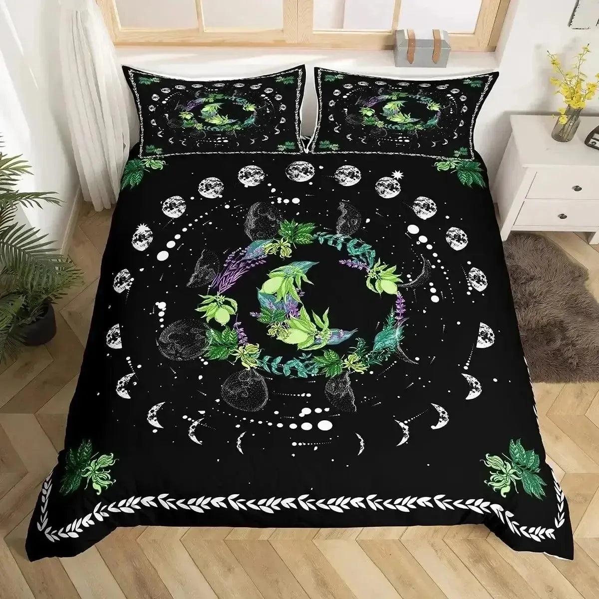 Floral Moon Phases Duvet Cover Set Witchy Bedding Set Wiccan Home Decor-MoonChildWorld