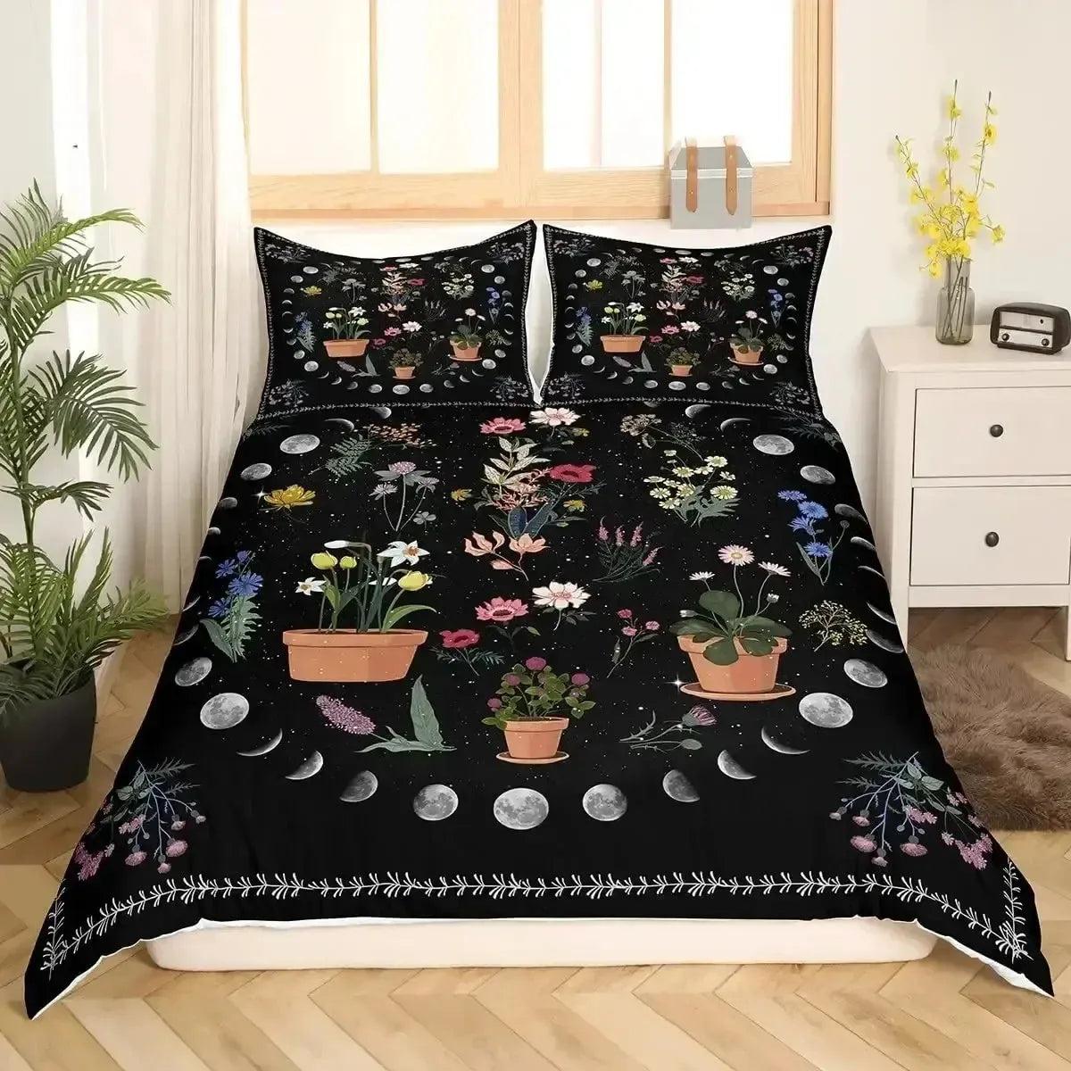 Floral Moon Phases Duvet Cover Set Witchy Bedding Set Wiccan Home Decor-MoonChildWorld