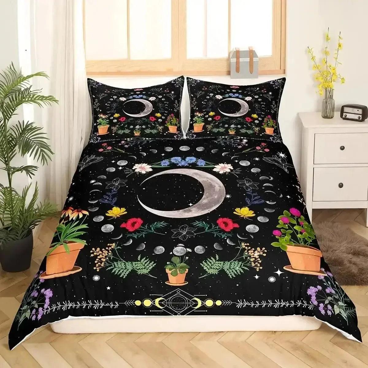Floral Moon Phases Duvet Cover Set Witchy Bedding Set Wiccan Home Decor-MoonChildWorld