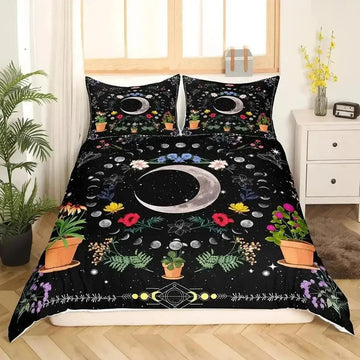 Floral Moon Phases Duvet Cover Set Witchy Bedding Set Wiccan Home Decor-MoonChildWorld