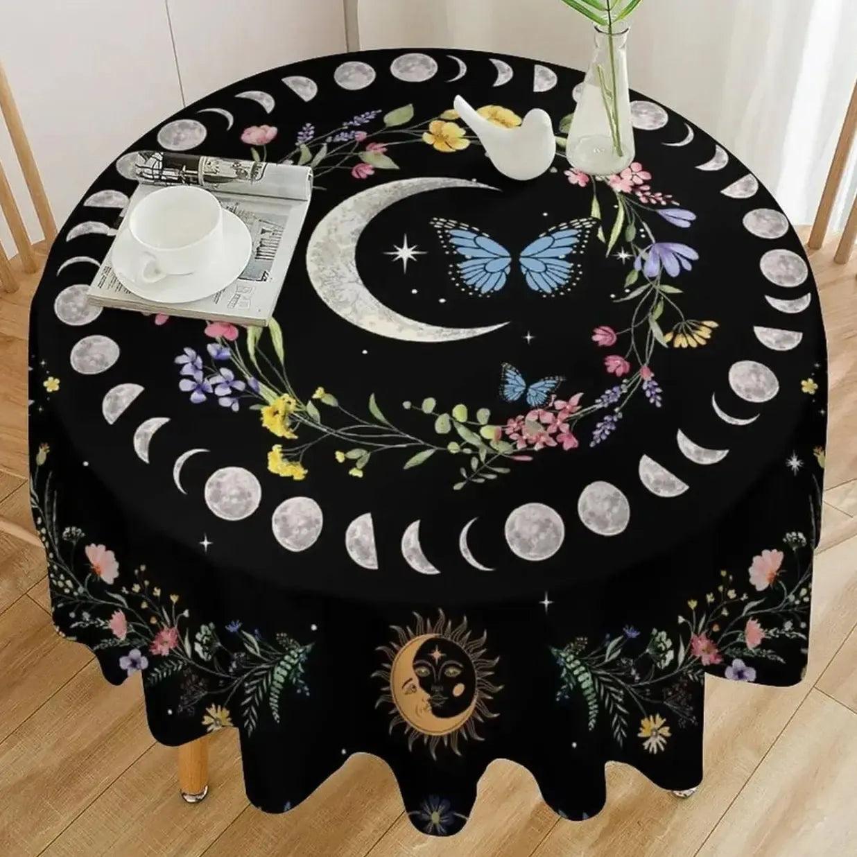 Floral Moon Phases Tablecloth Lunar Phase Table Cover Wicca Pagan Home Decor-MoonChildWorld