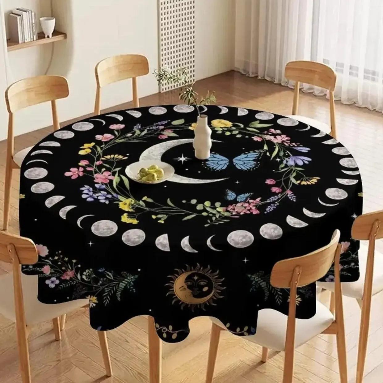 Floral Moon Phases Tablecloth Lunar Phase Table Cover Wicca Pagan Home Decor-MoonChildWorld