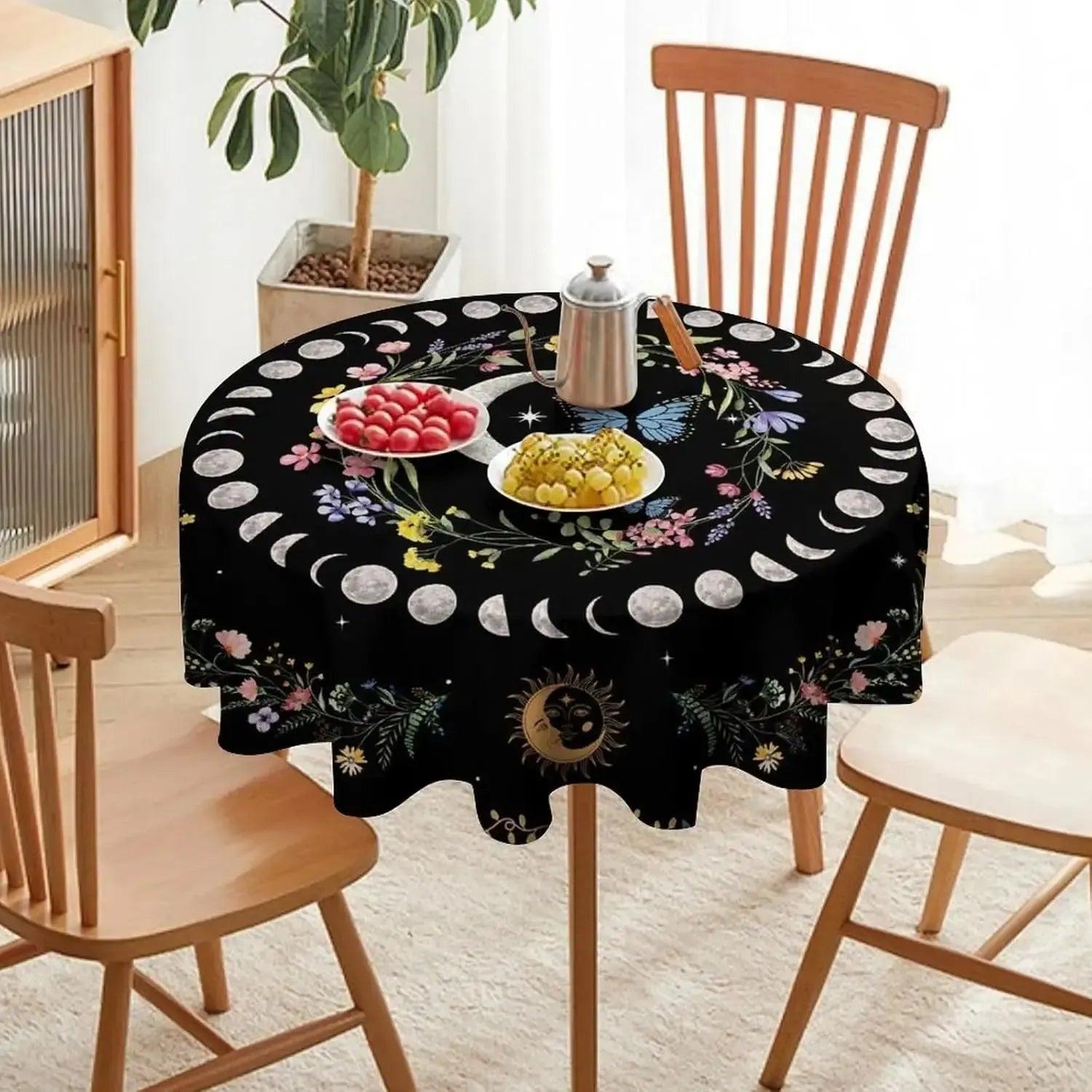 Floral Moon Phases Tablecloth Lunar Phase Table Cover Wicca Pagan Home Decor-MoonChildWorld