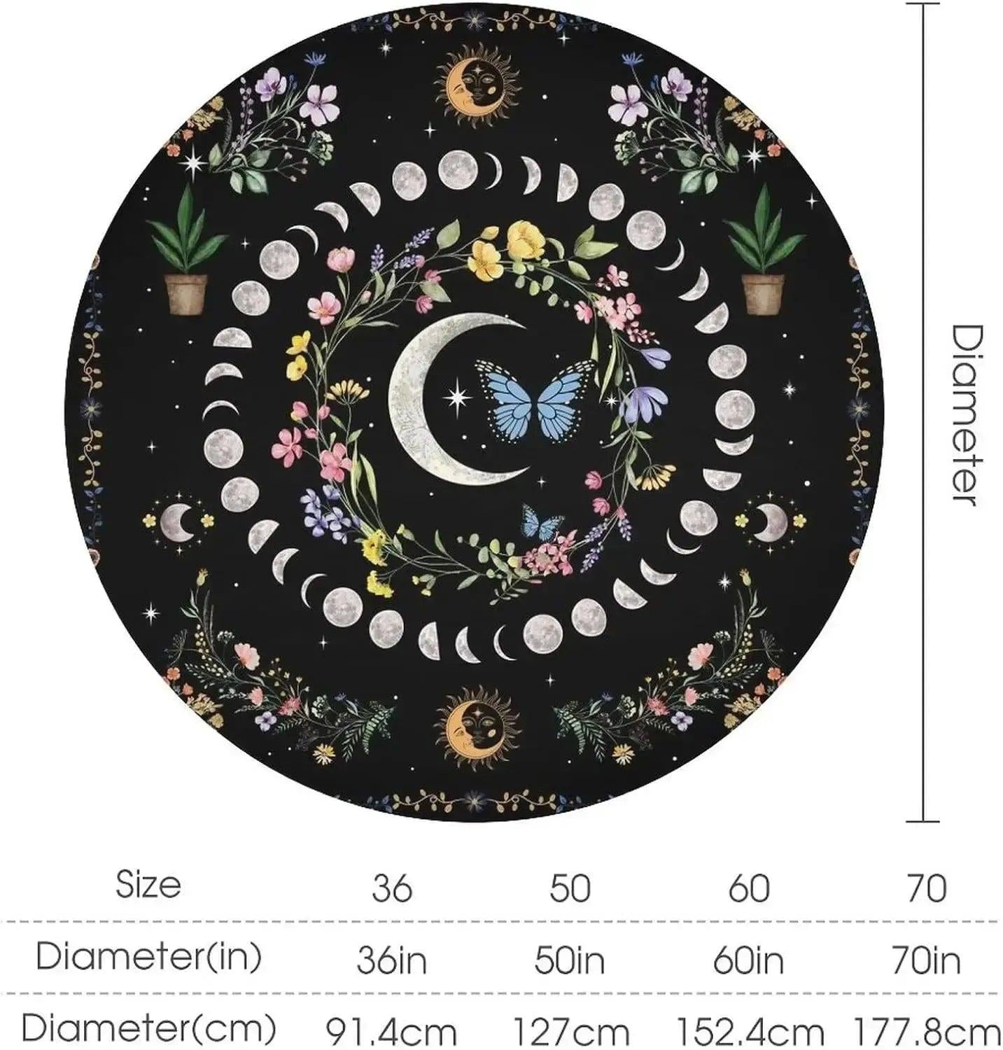 Floral Moon Phases Tablecloth Lunar Phase Table Cover Wicca Pagan Home Decor-MoonChildWorld