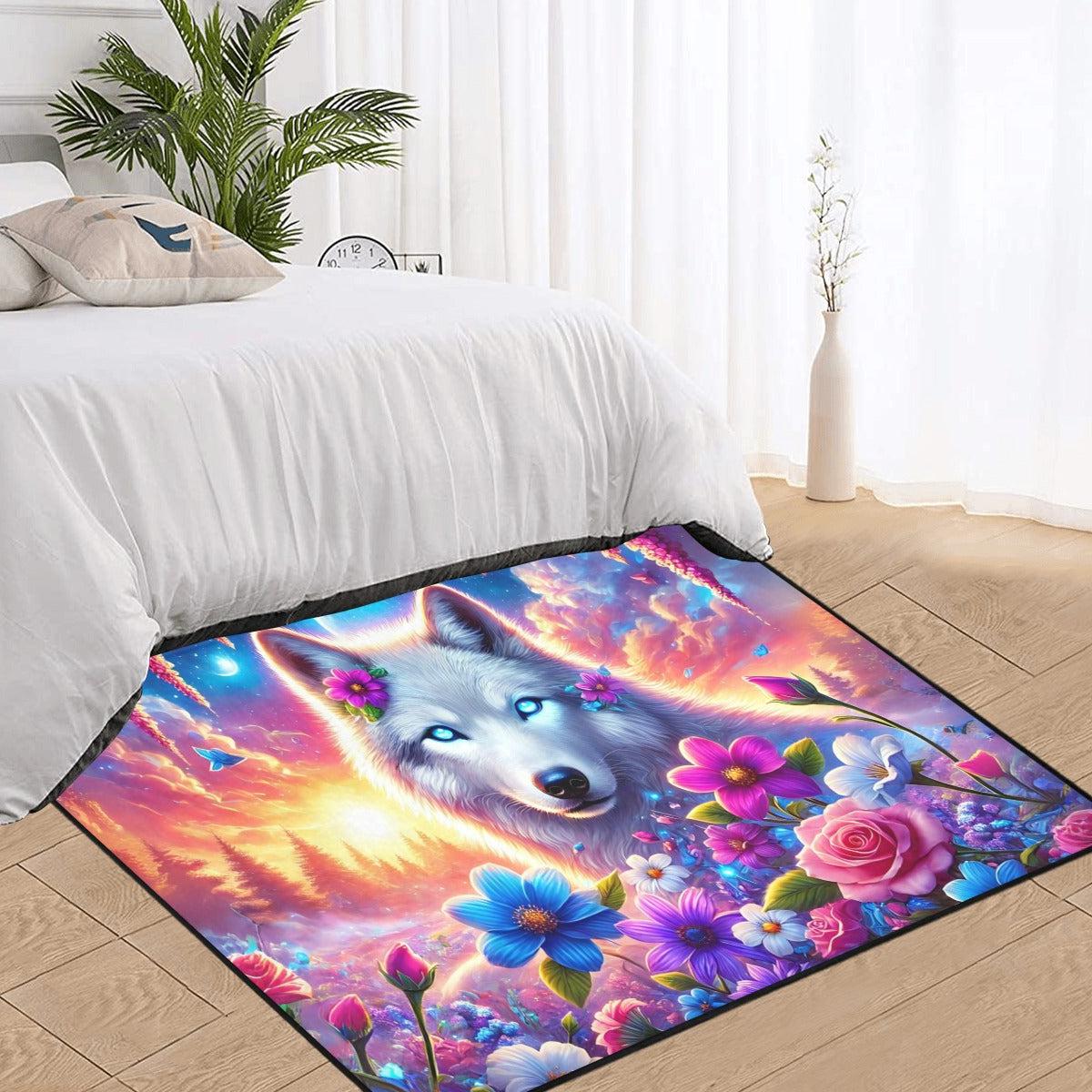 Floral Moon Wolf Area Rug Celestial White Wolf Carpet-MoonChildWorld