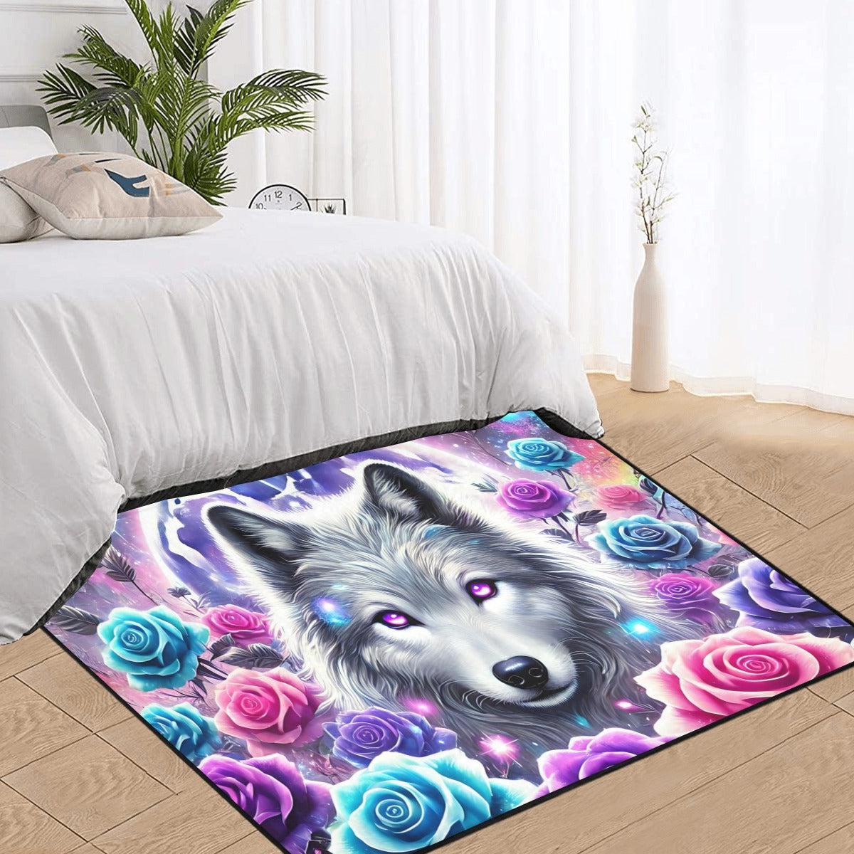 Floral Moon Wolf Area Rug Celestial Wolf Carpet-MoonChildWorld