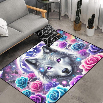 Floral Moon Wolf Area Rug Celestial Wolf Carpet-MoonChildWorld