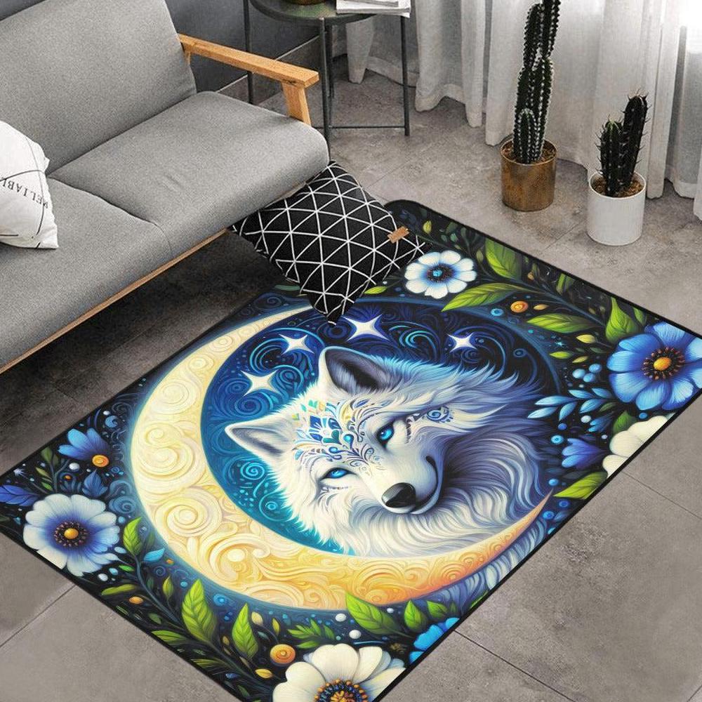 Floral Moon Wolf Area Rug Celestial Wolf Witchy Carpet-MoonChildWorld