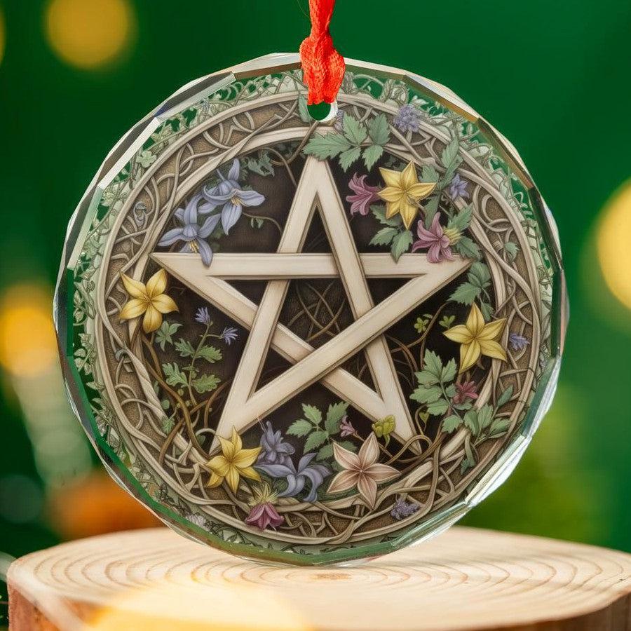 Floral Pentacle Glass Ornament Pagan Wicca Christmas Tree Ornament-MoonChildWorld