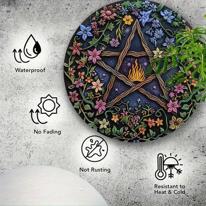 Floral Pentacle Metal Sign Pentagram Wicca Pagan Wall Art for Yule Decor-MoonChildWorld