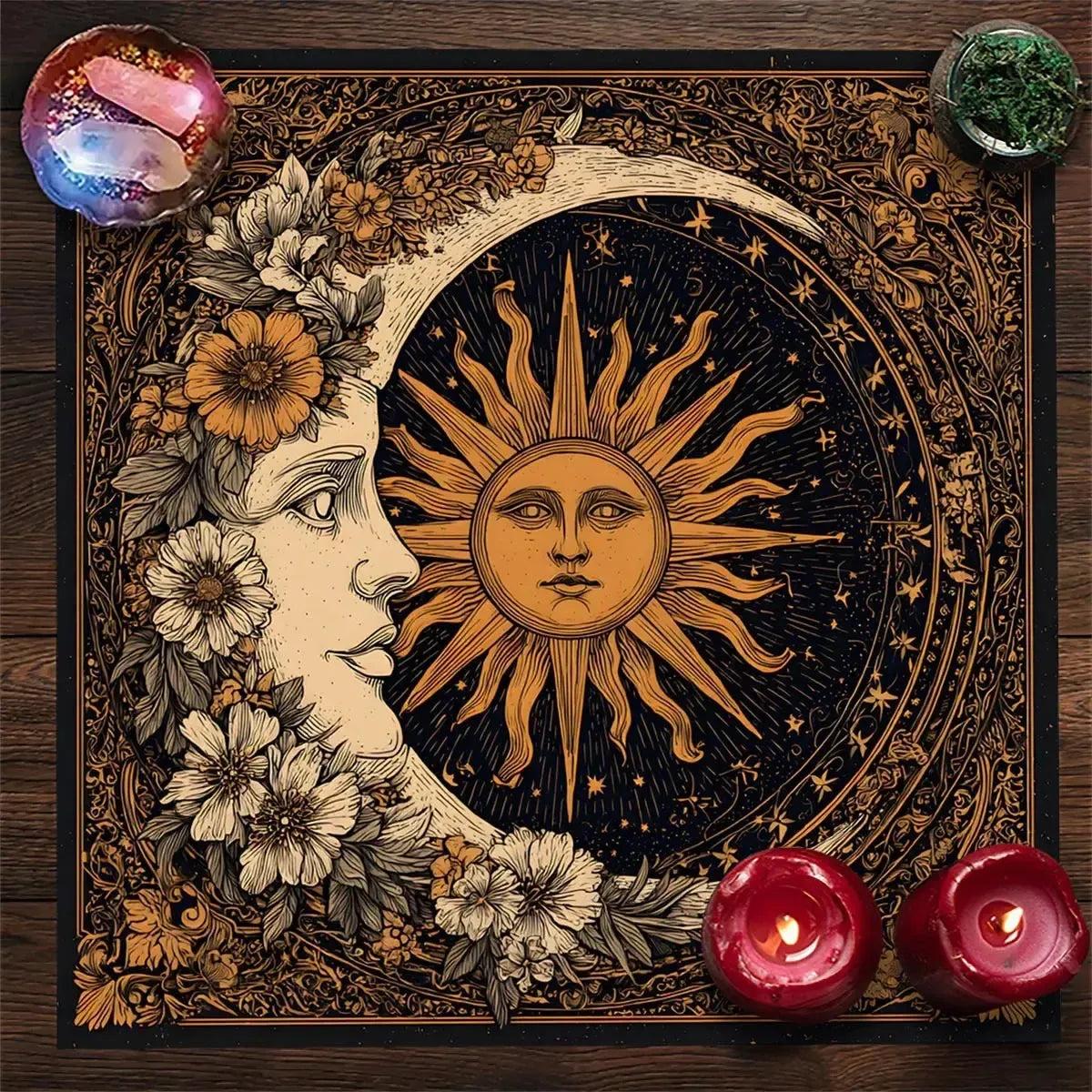 Floral Sun Moon Wicca Altar Cloth - Witchcraft Tarot Tablecloth for Reading Divination Pagan Home Decor-MoonChildWorld
