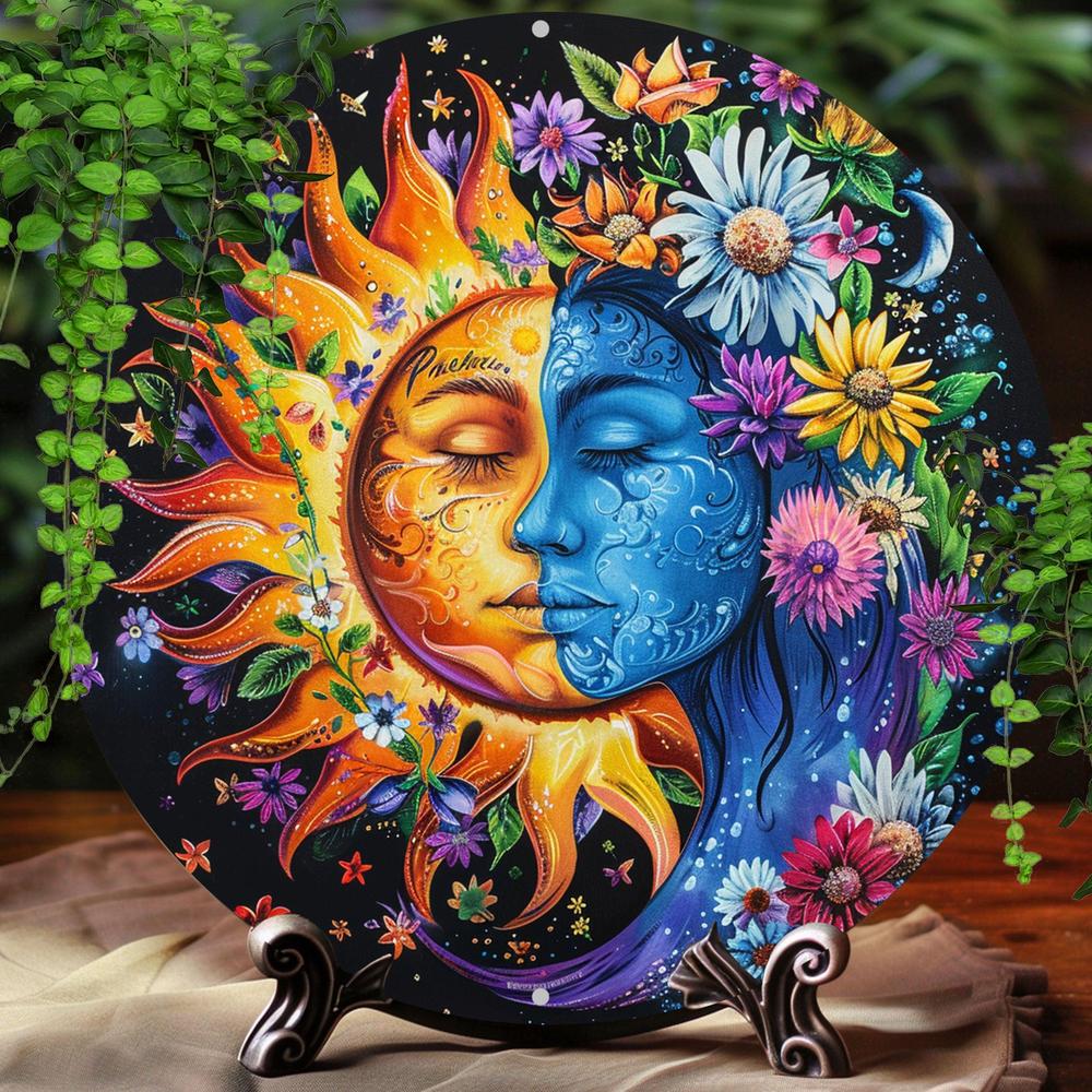 Floral Sun and Moon Wall Art Celestial Metal Sign-MoonChildWorld