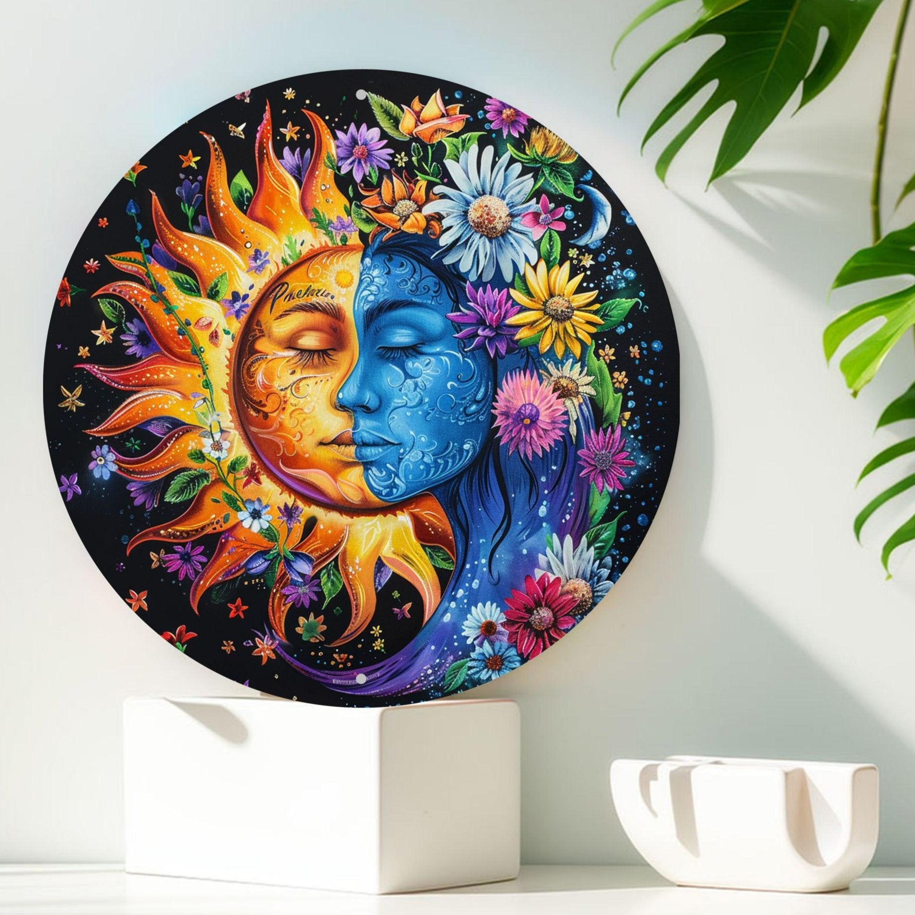 Floral Sun and Moon Wall Art Celestial Metal Sign-MoonChildWorld