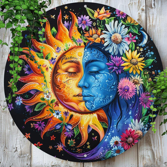 Floral Sun and Moon Wall Art Celestial Metal Sign-MoonChildWorld