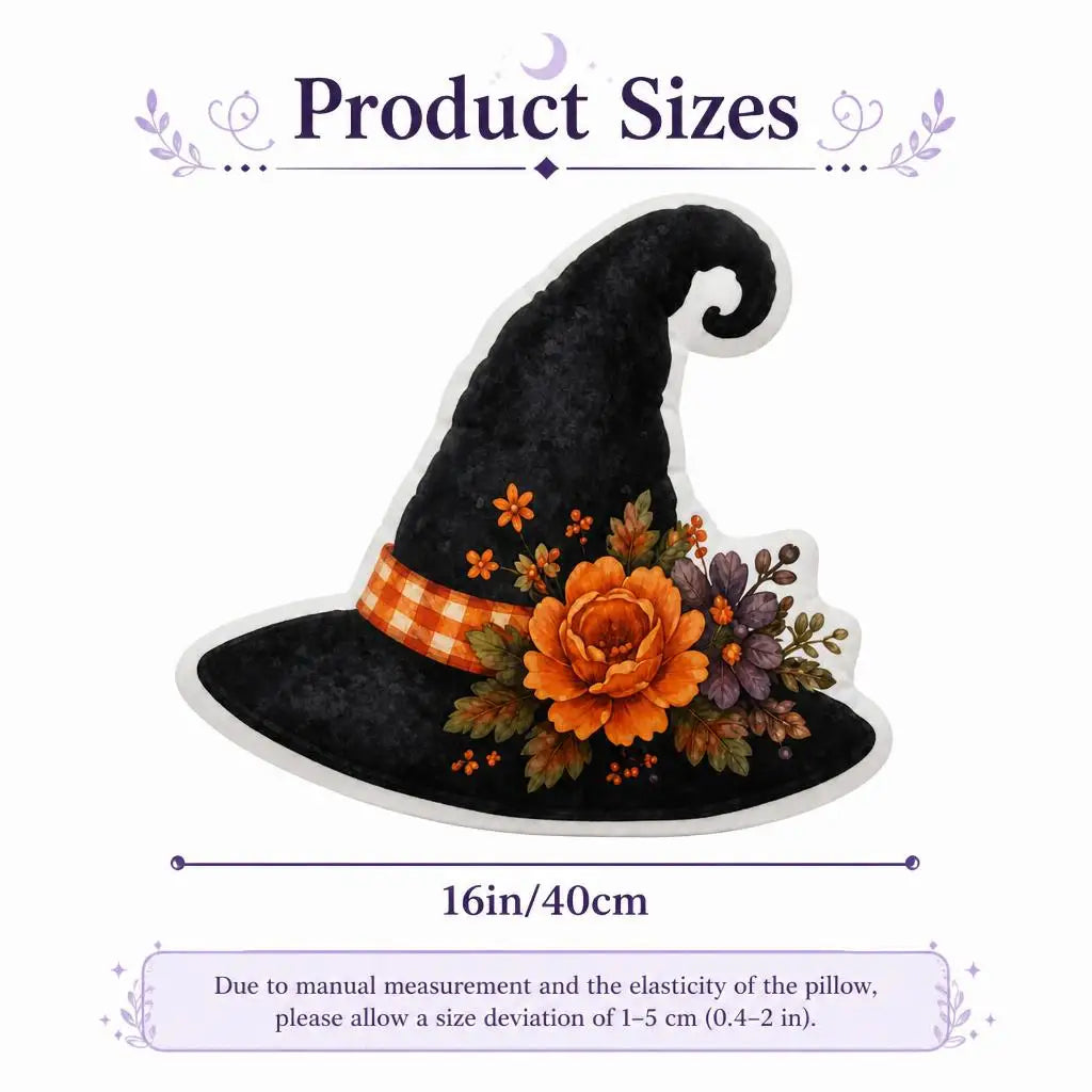 Size guide showing 16 inch / 40 cm: decorative plush pillow featuring witch hat with autumn flowers and stars