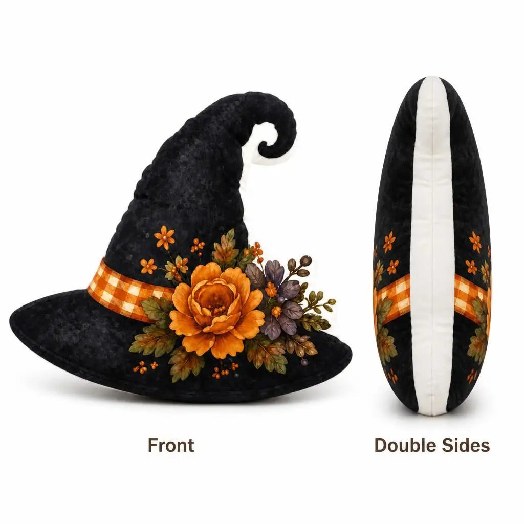 Front and side profile: decorative plush pillow featuring witch hat with autumn flowers and stars