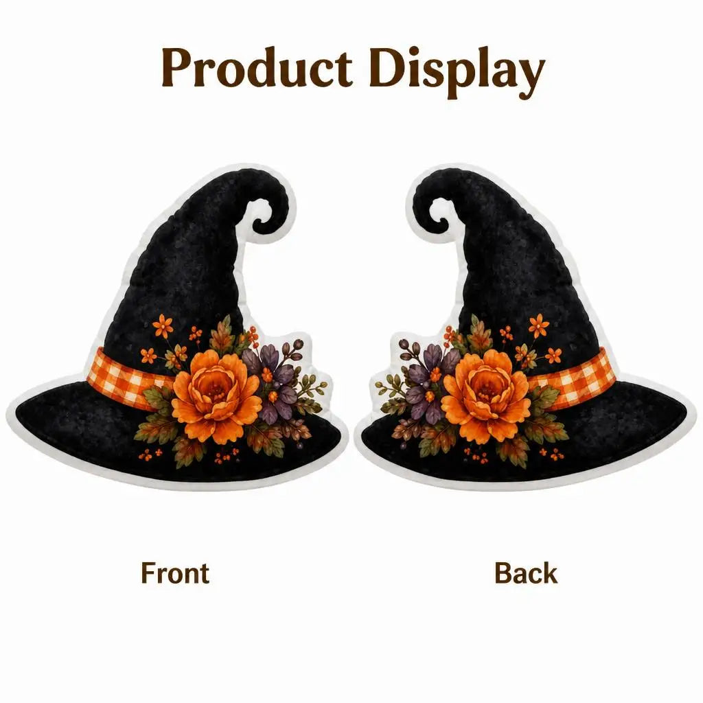 Front and back views: decorative plush pillow featuring witch hat with autumn flowers and stars