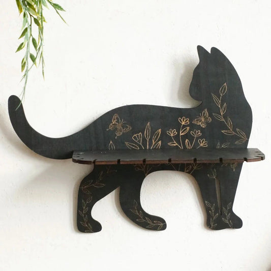 Flower Black cat Crystal Shelf Display Witchy Home Decorations Black Cat Wooden Wall Shelf-MoonChildWorld