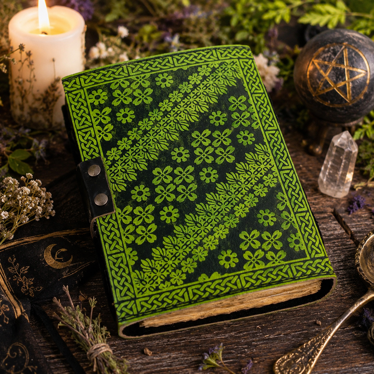 Flying dragon leather journal with brass lock – handmade witch grimoire notebook, antique clasp, view 2