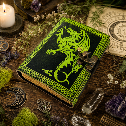 Flying dragon leather journal with brass lock – handmade witch grimoire notebook, antique clasp, view 3