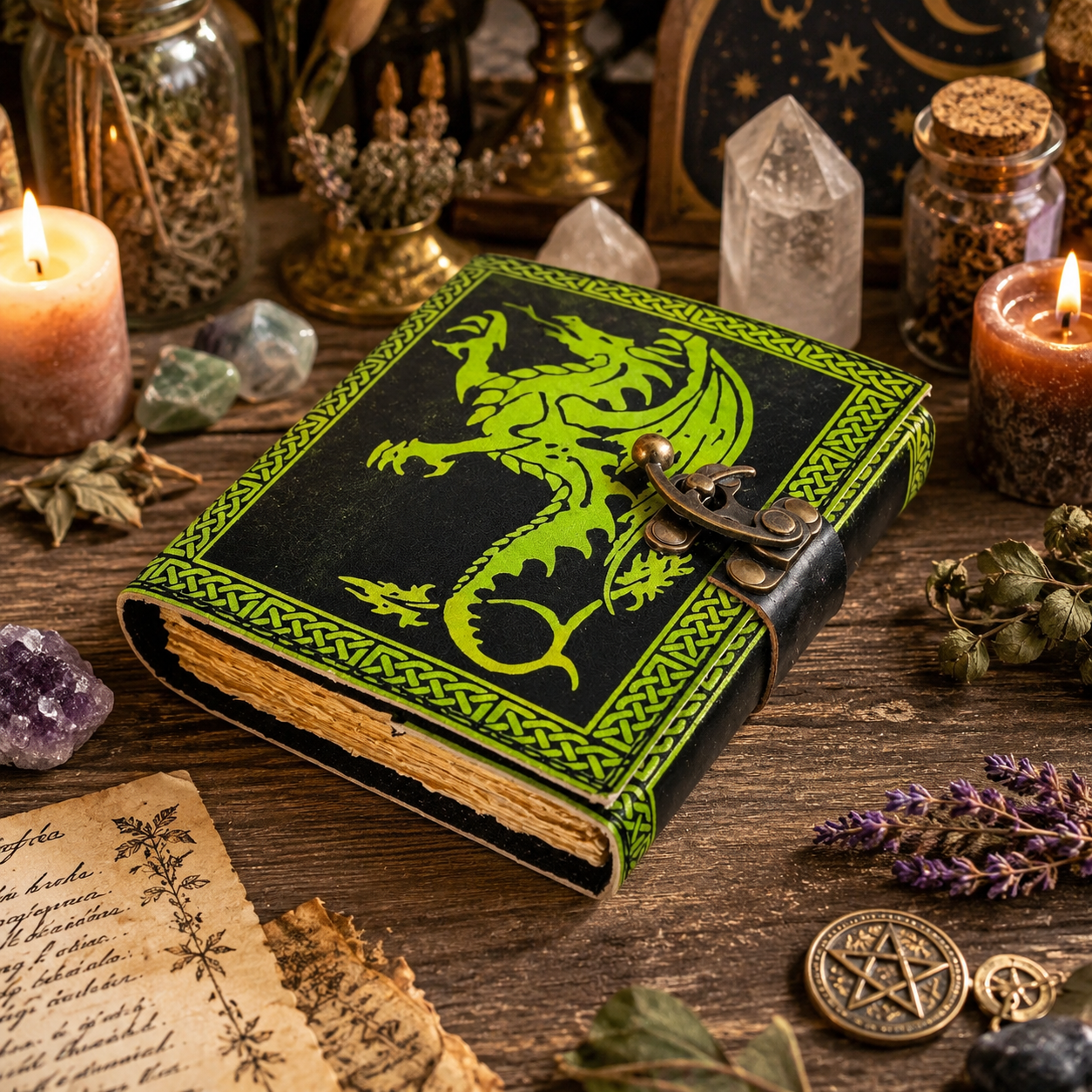 Flying dragon leather journal with brass lock – handmade witch grimoire notebook, antique clasp, view 4