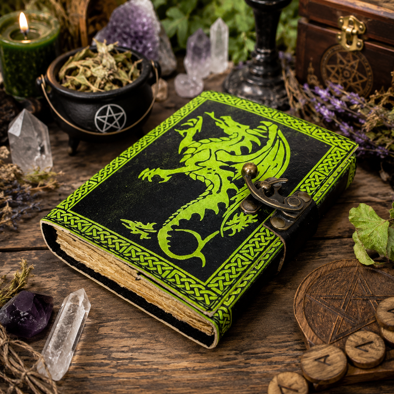 Flying dragon leather journal with brass lock – handmade witch grimoire notebook, antique clasp, view 1