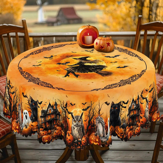 Flying Witch, Black Cat, Pumpkin, Haunted House Halloween Tablecloth - Gothic Tablecloth Table Decoration-MoonChildWorld