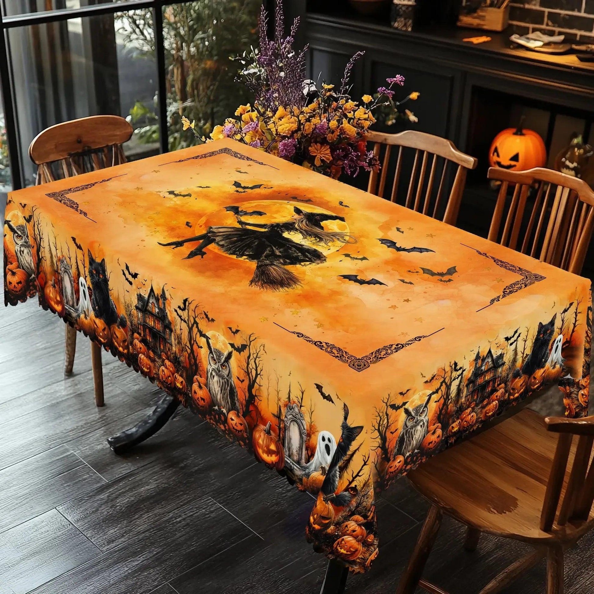 Flying Witch, Black Cat, Pumpkin, Haunted House Halloween Tablecloth - Gothic Tablecloth Table Decoration-MoonChildWorld