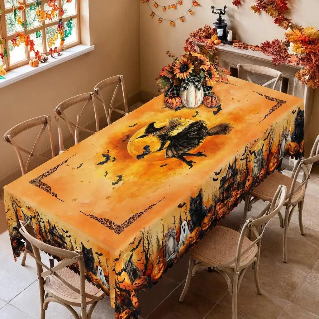 Flying Witch, Black Cat, Pumpkin, Haunted House Halloween Tablecloth - Gothic Tablecloth Table Decoration-MoonChildWorld